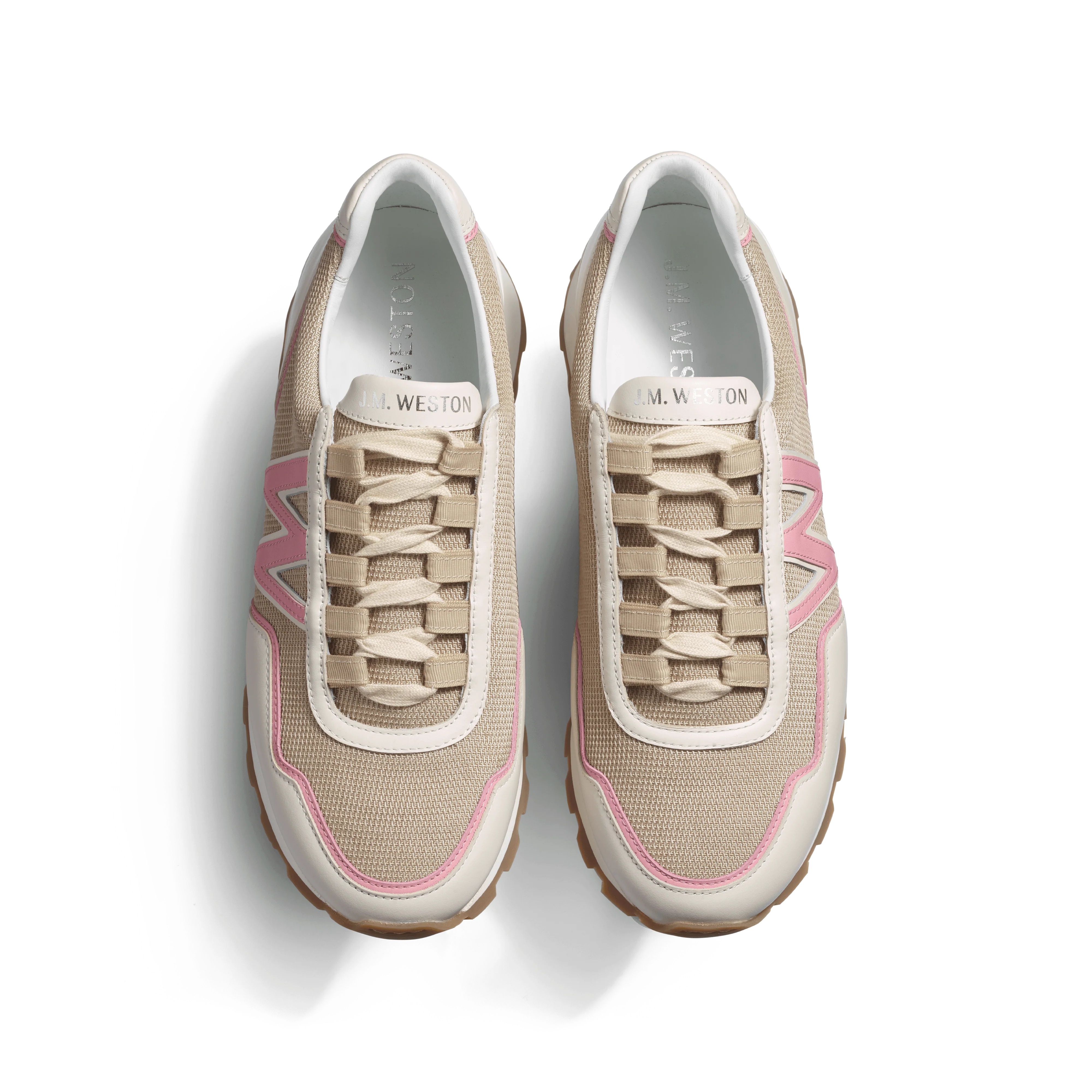 Basket On My Way Ghillies [femme maille nylon beige détails cuir veau sport blanc & rose] - Image 3
