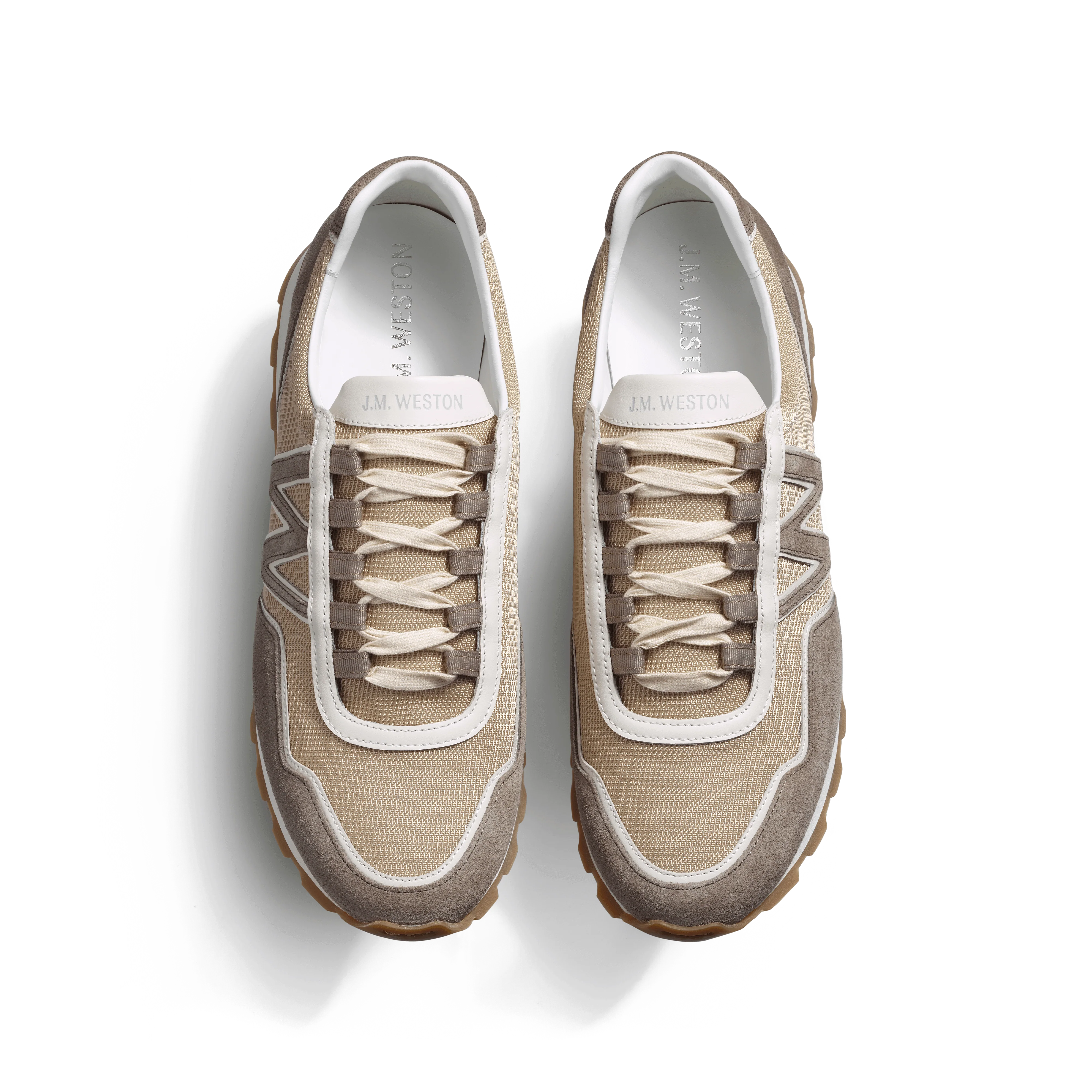 Basket On My Way Ghillies [homme maille nylon beige détails cuir veau sport blanc & en cuir veau velours taupe] - Image 3