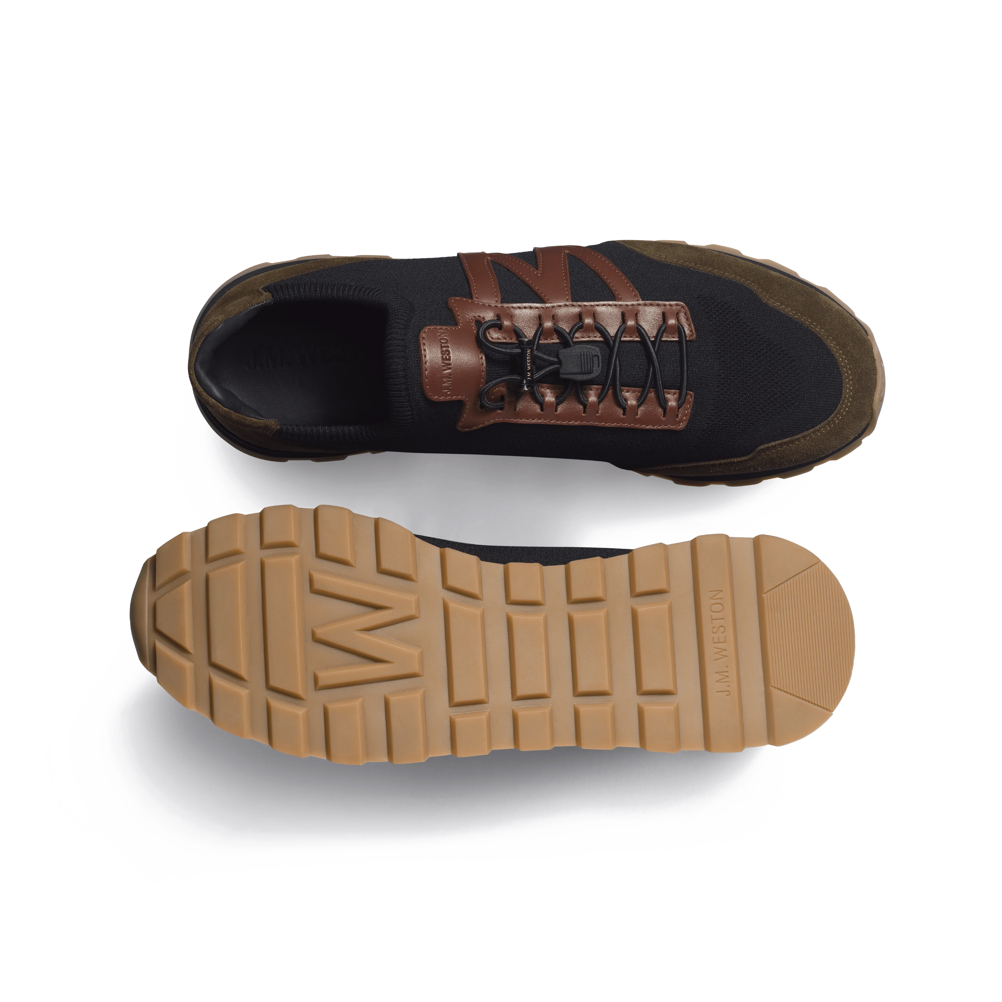 Basket On My Way Knit [homme maille nylon noir, cuir veau sport marron et cuir velours kaki ] - Image 4