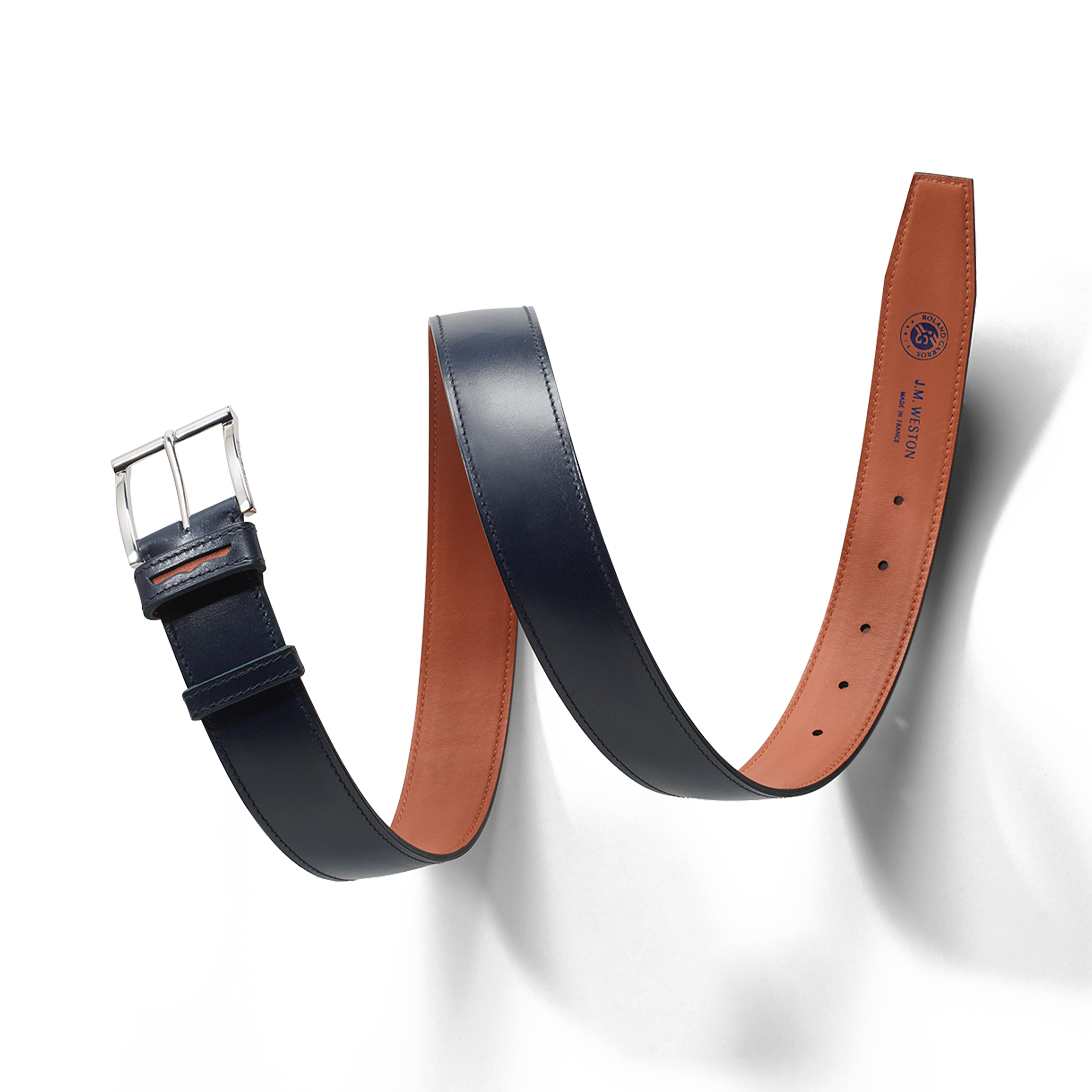 Ceinture demi-jonc Roland-Garros [Cuir veau box bleu marine & cuir veau lisse orange terre battue] - Image 3