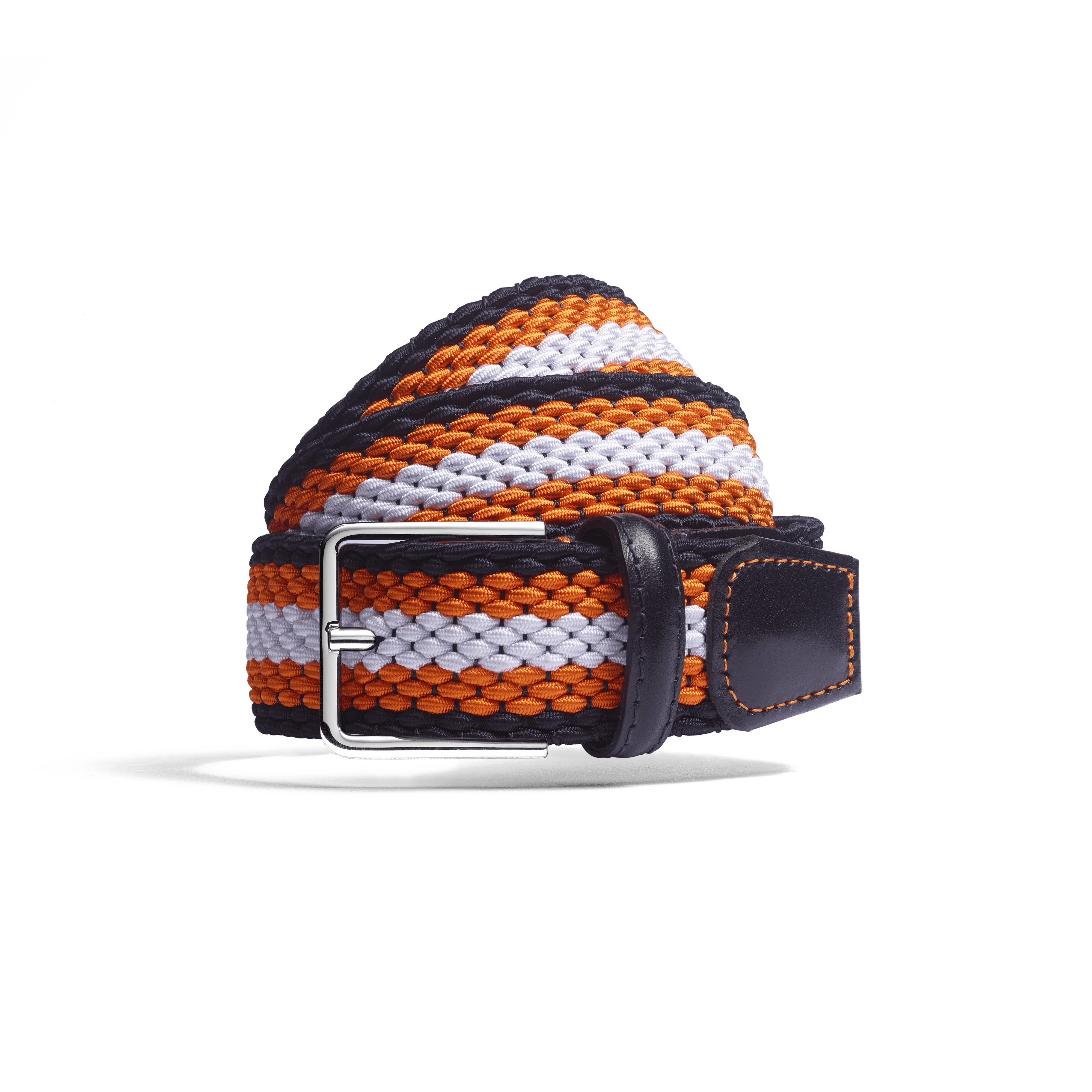 Ceinture Élastique Roland-Garros [Tresse bleu marine, blanche et orange terre battue et cuir veau lisse bleu marine]