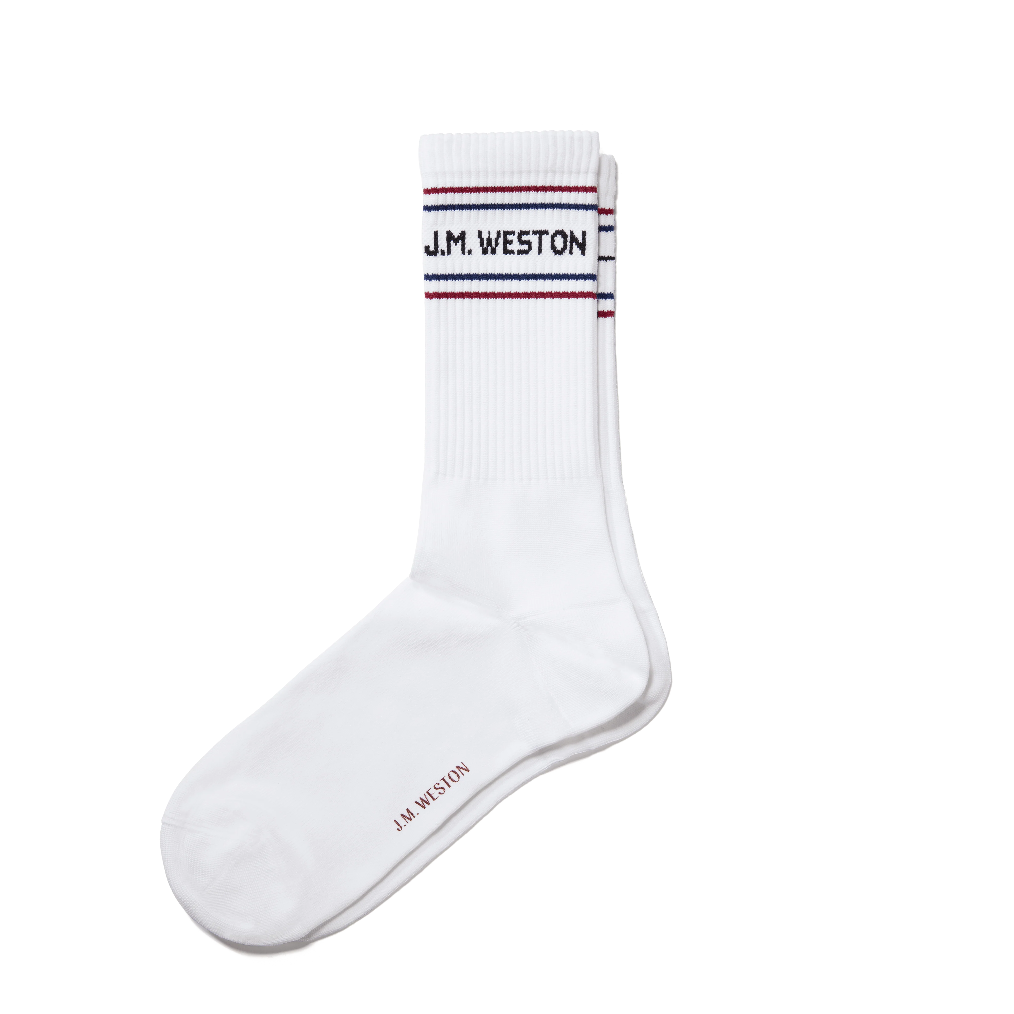 Chaussettes Sport courtes à bandes [Polyamide blanc, détails bleu marine, bordeaux et noirs]