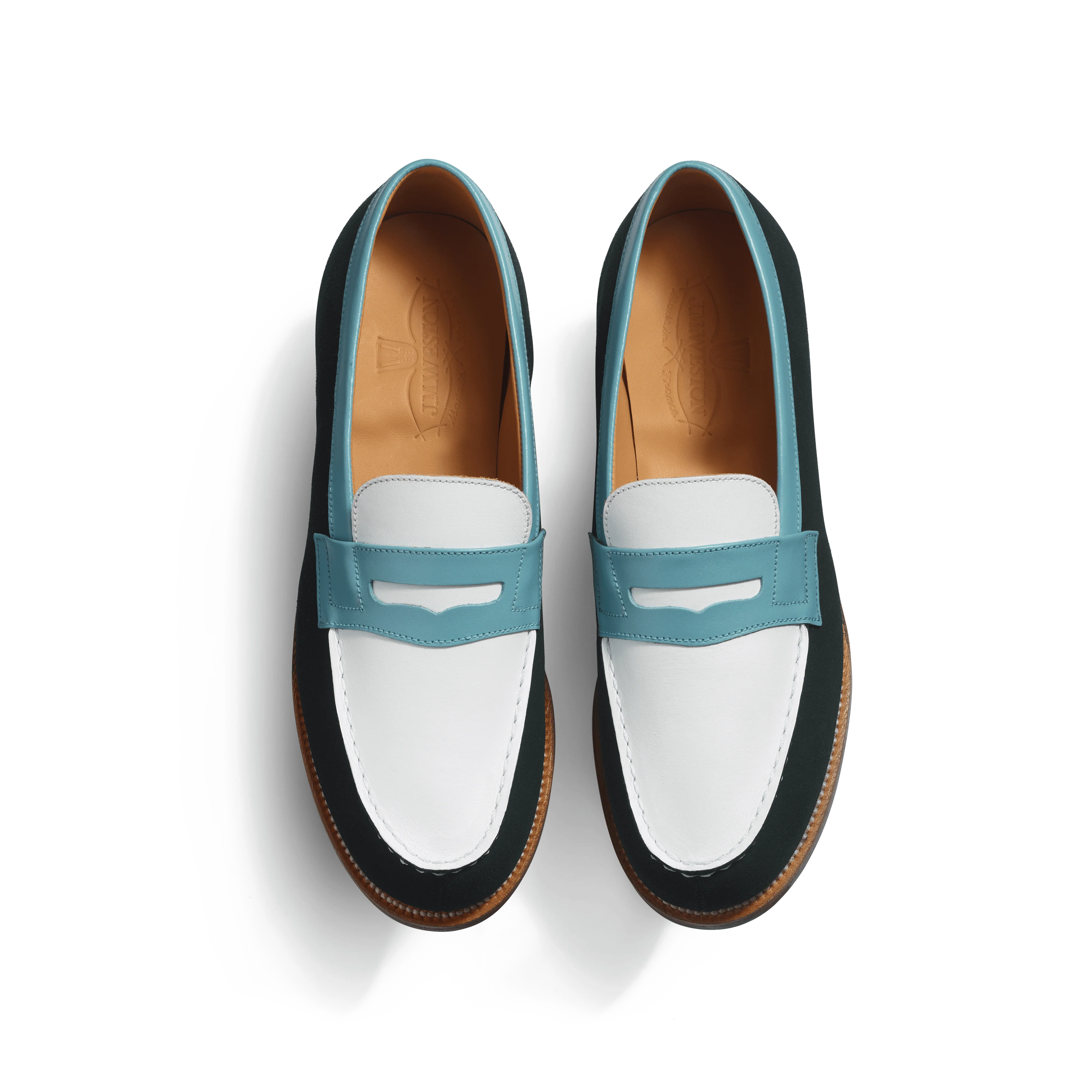 Mocassin 180 [femme cuir veau velours vert, cuir lisse blanc et cuir veau box campanule] - Image 3