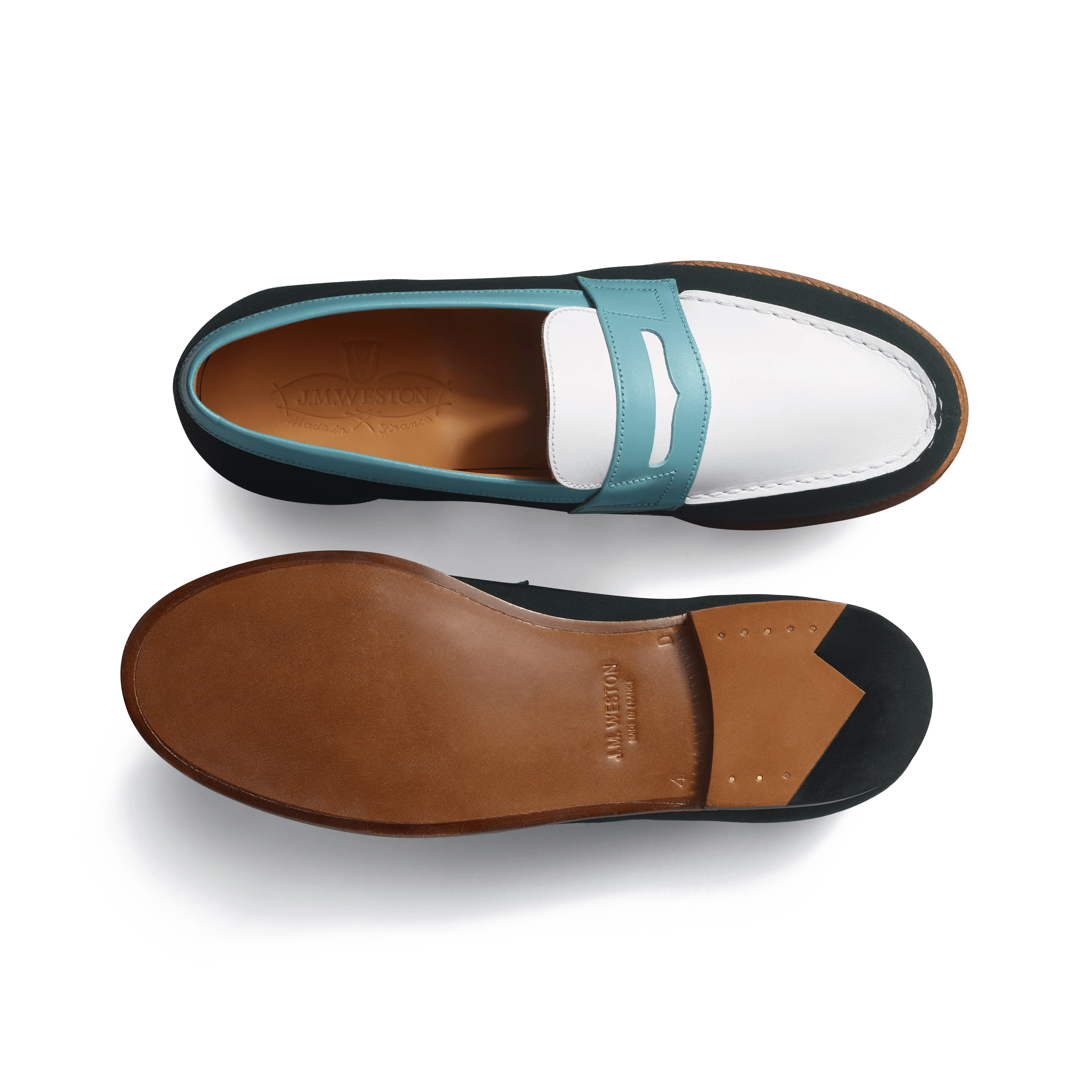 Mocassin 180 [femme cuir veau velours vert, cuir lisse blanc et cuir veau box campanule] - Image 4
