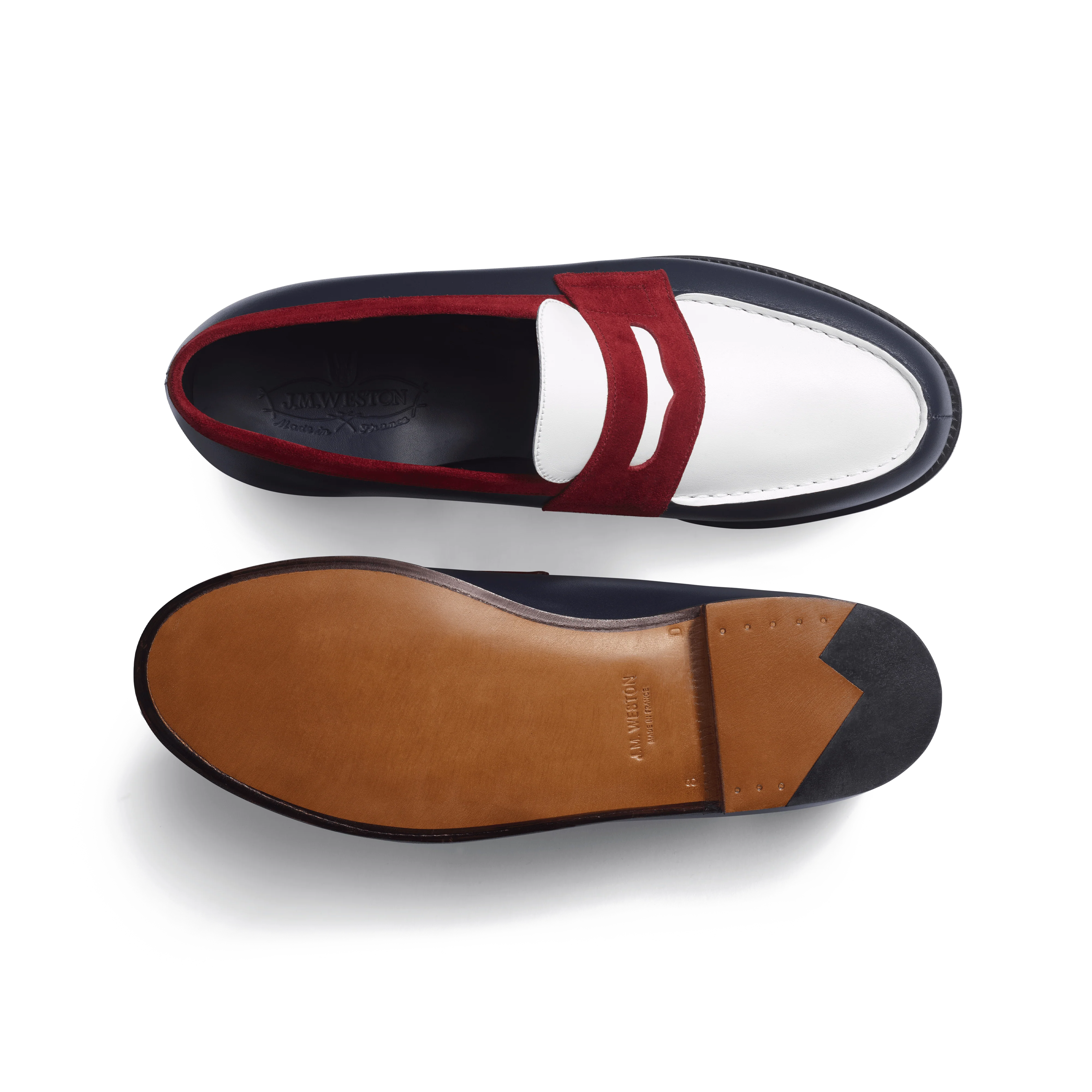 Mocassin 180 [homme cuir veau box marine & java blanc & cuir veau velours bordeaux] - Image 4