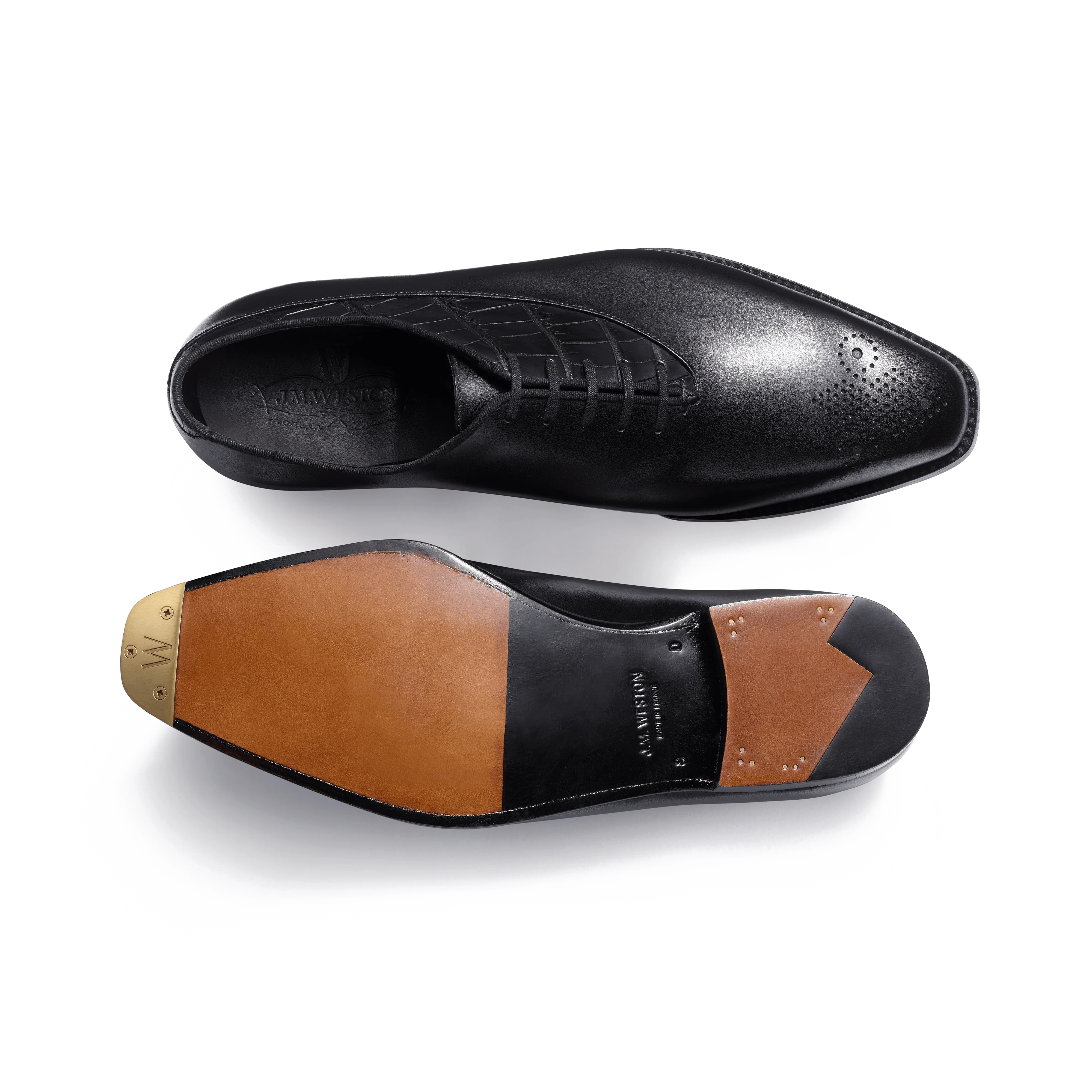 Richelieu Asymétrique Fusain [homme cuir veau box noir et empiecement en cuir alligator noir] - Image 4